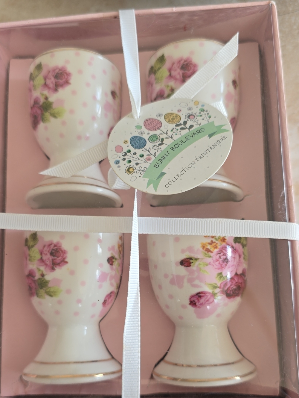 Bunny Boulevard Spring Collection Egg Cups Set of 4 Pink Floral Gold Trim Easter